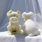 White puppy casting side view with textured fur and short legs