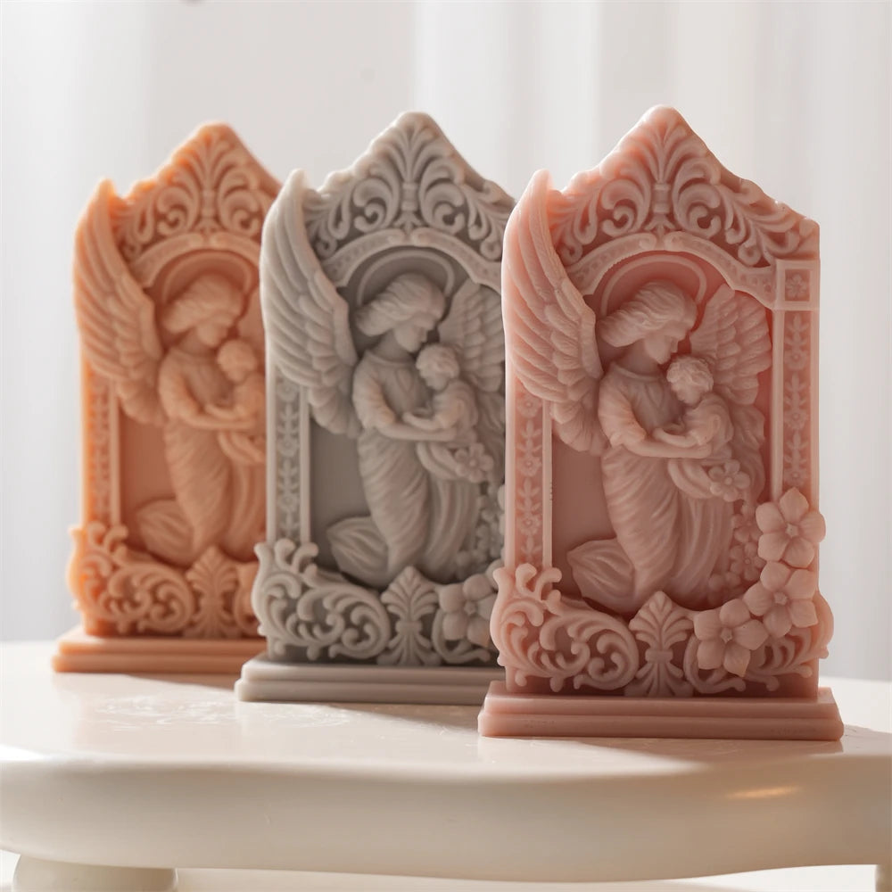 Front view of floral angel relief castings in several colors