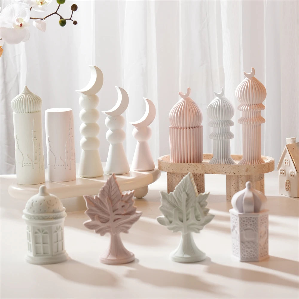 Ramadan decorative castings with domed pillars, crescent sculptures and pedestal script forms