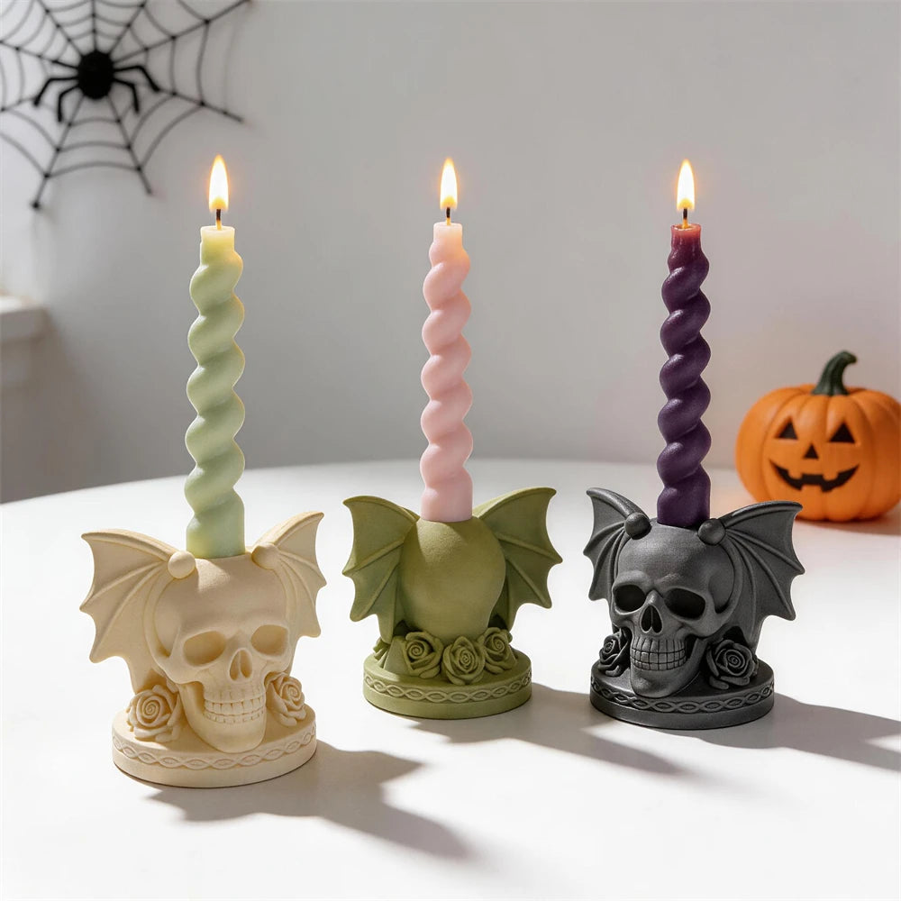 Halloween skull holders in cream, green and gray
