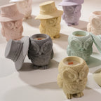 Feather-textured owl containers shown open and closed