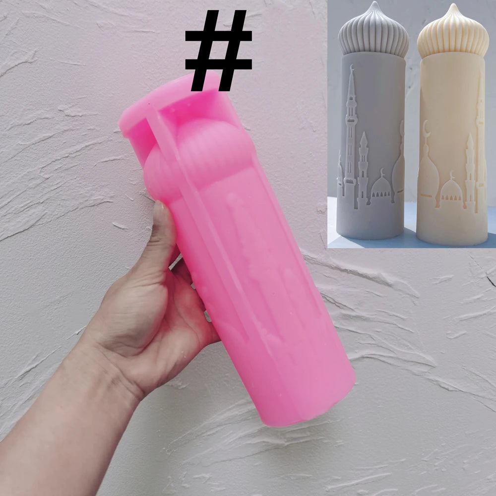 Pink silicone Domed Skyline Pillar mold held in a hand