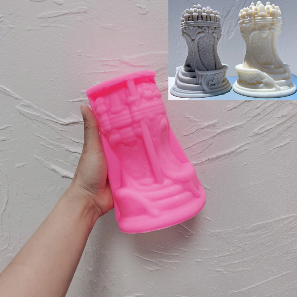 Pink Rook silicone candle mold with matching tower examples