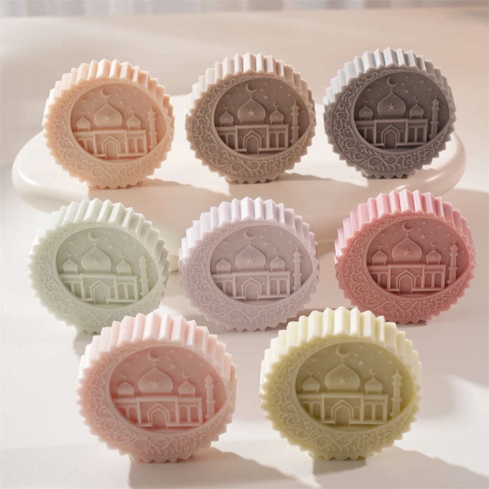 Circular Ramadan medallion candle castings in several colors