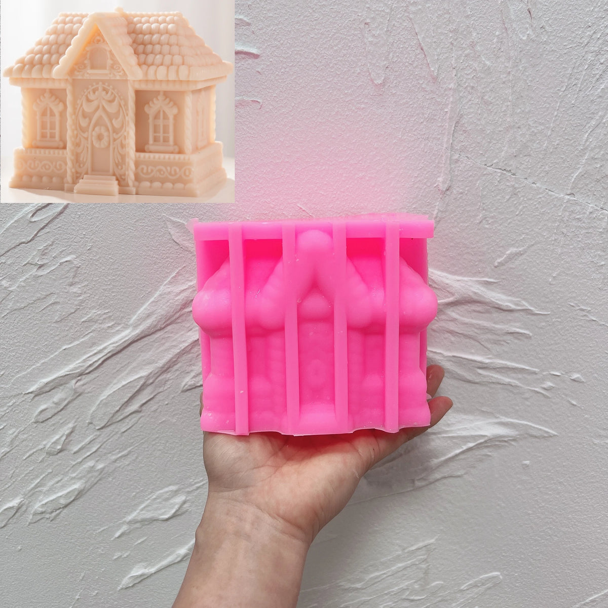 Pink silicone mold for small gingerbread cottage design