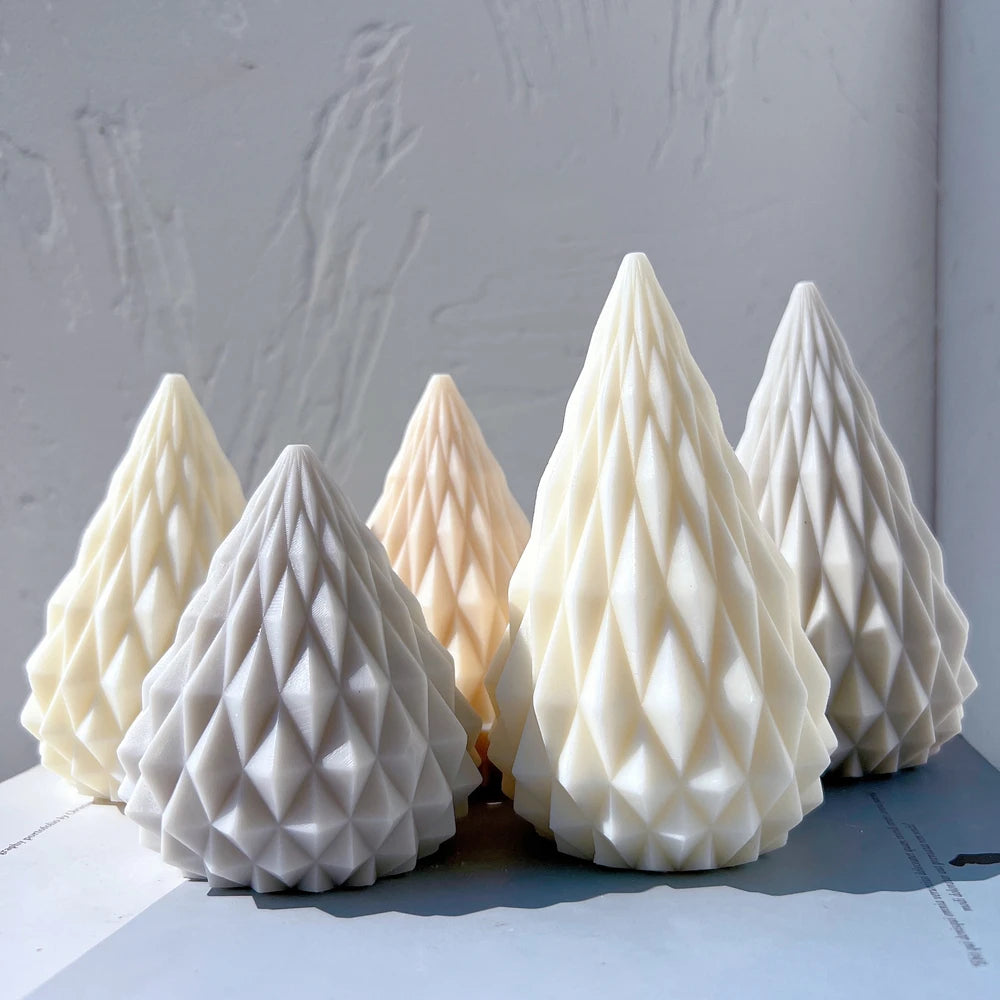 Diamond-pattern cone castings grouped in mixed colors and heights