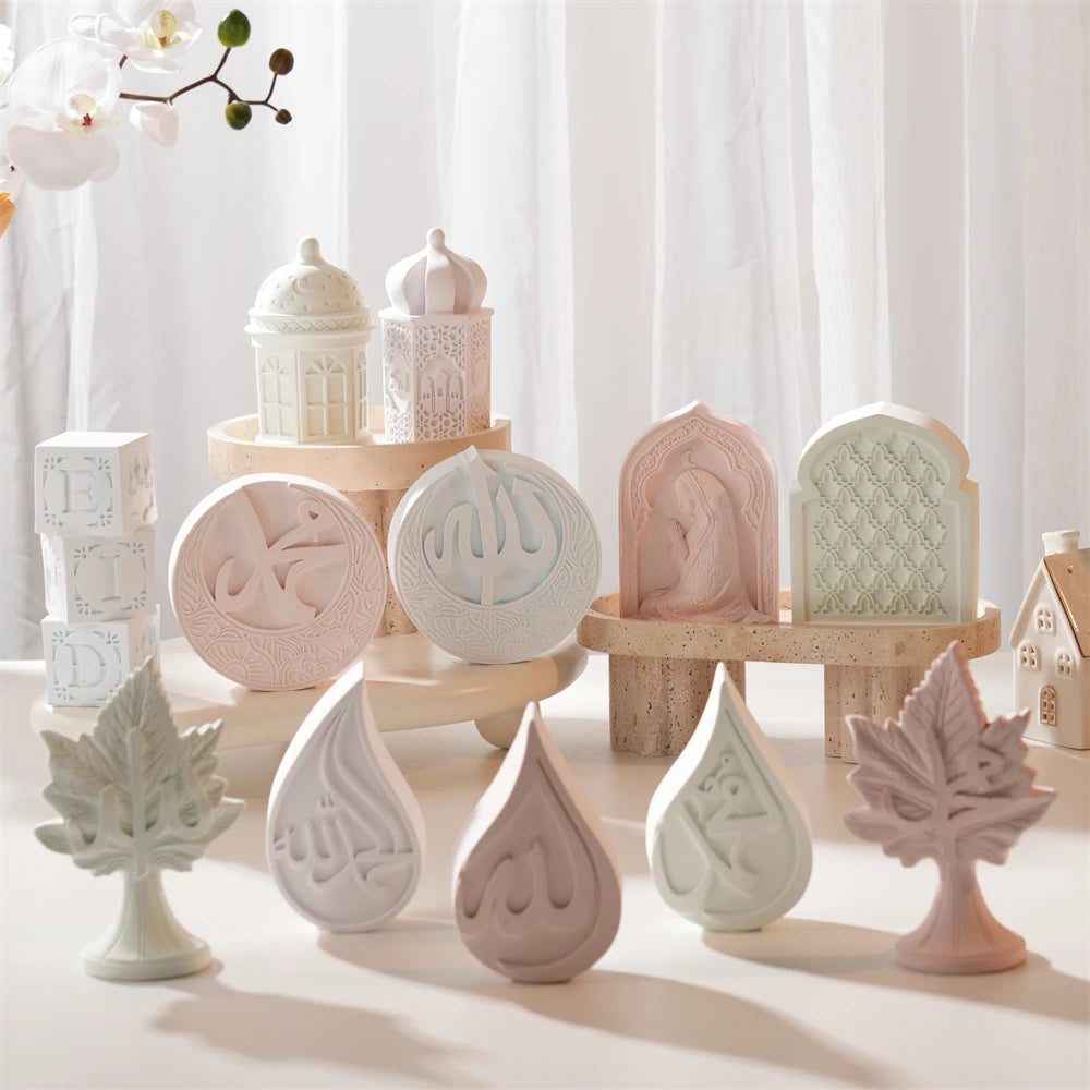 Calligraphy plaques and domed architectural castings arranged on display blocks