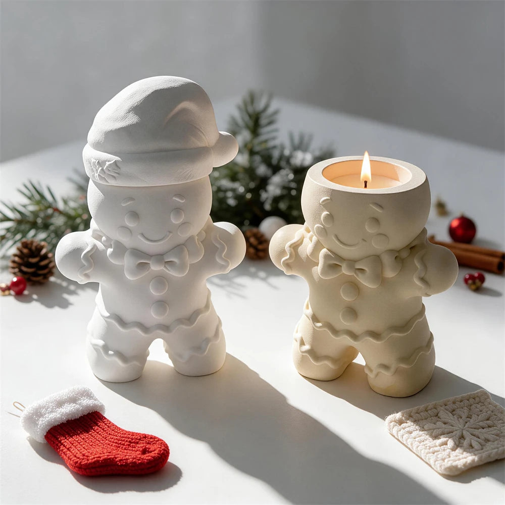 Complete figure and open gingerbread body casting beside holiday props