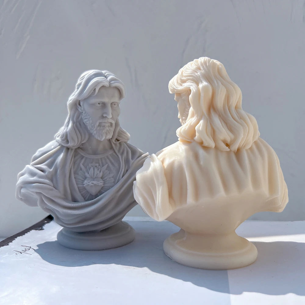 Jesus bust castings showing rear robe folds and hair