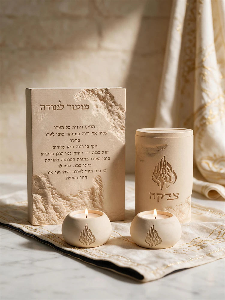 Finished rectangular Hebrew inscription plaque displayed with neutral decorative objects
