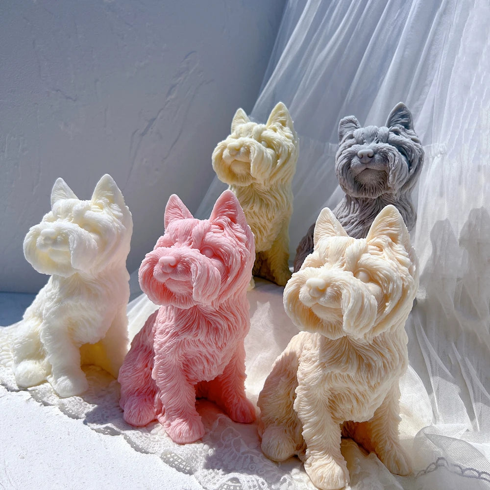 Angled group of terrier candles showing shaggy coats