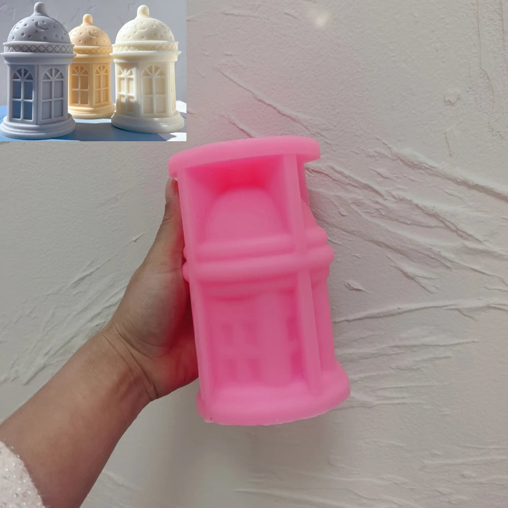 Pink silicone Window Lantern mold with domed top and window relief