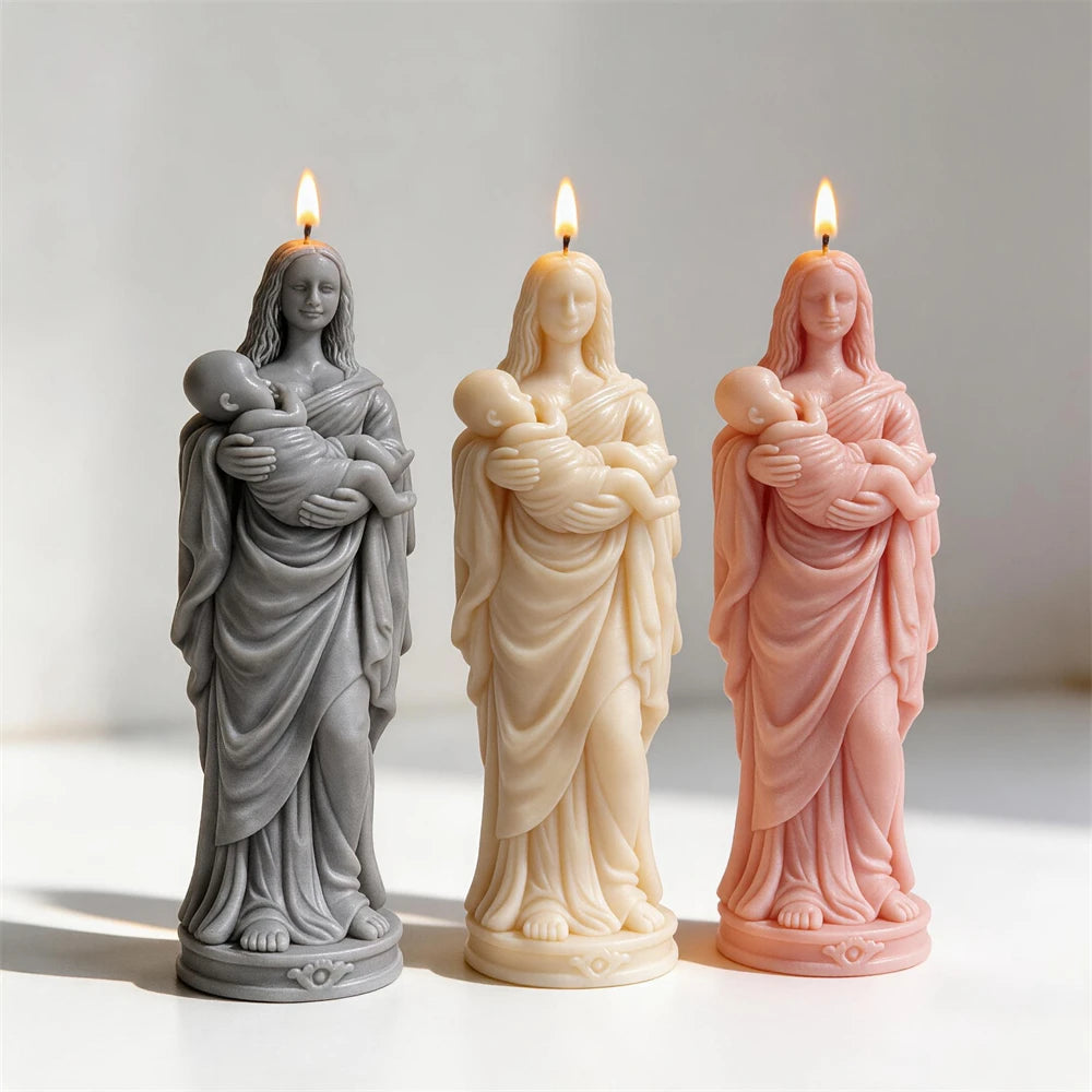 Three standing mothers with infants supported across their arms