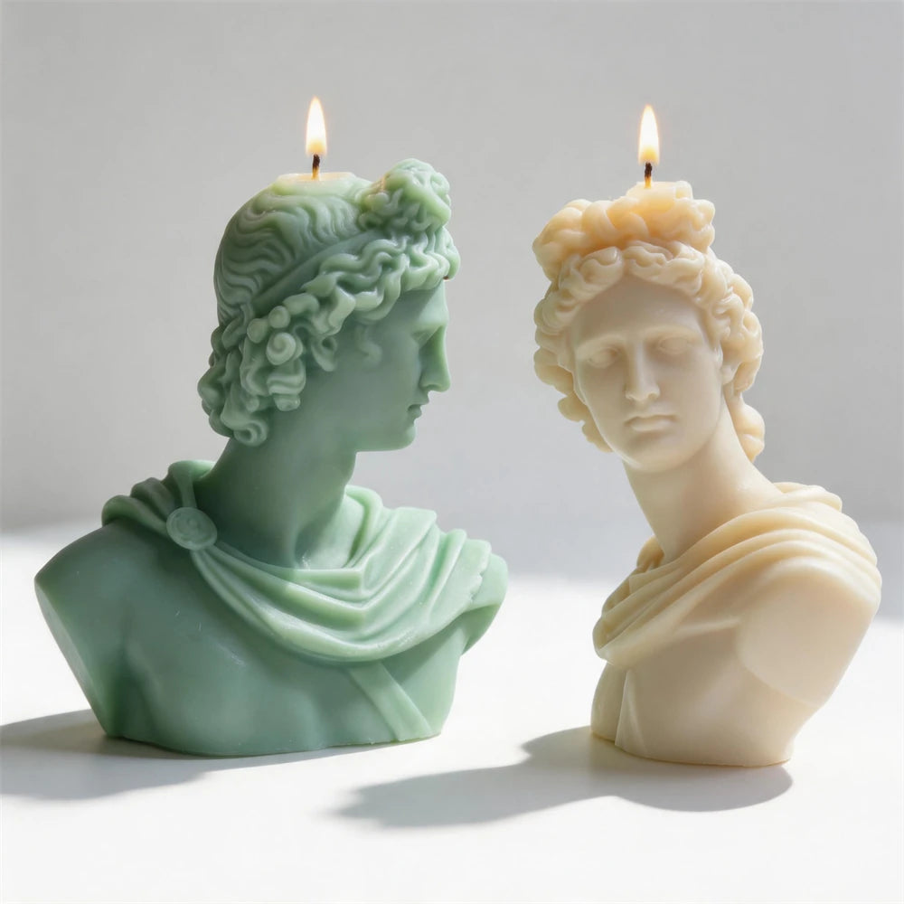 Draped portrait bust candles viewed from opposite angles