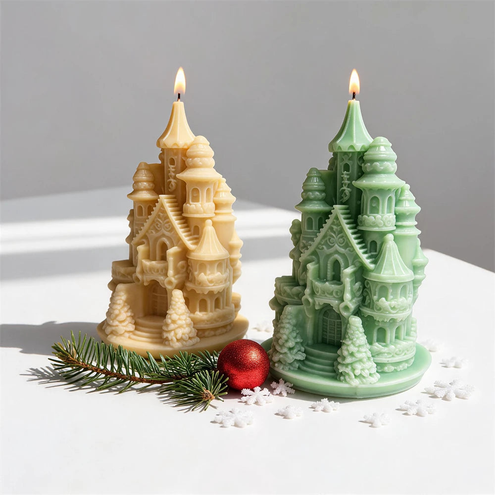 Gold and green castle candles displaying sculpted windows and stonework