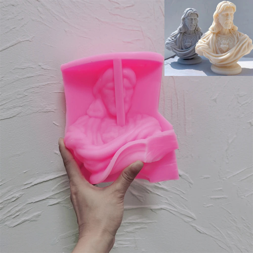 Pink Sacred Heart Jesus bust silicone mold held in one hand