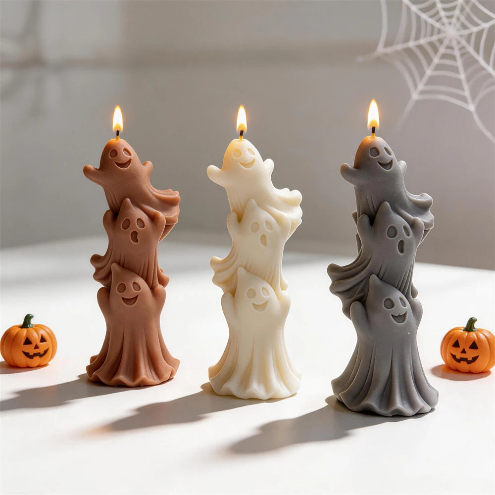 Three stacked ghost candle towers in autumn colors