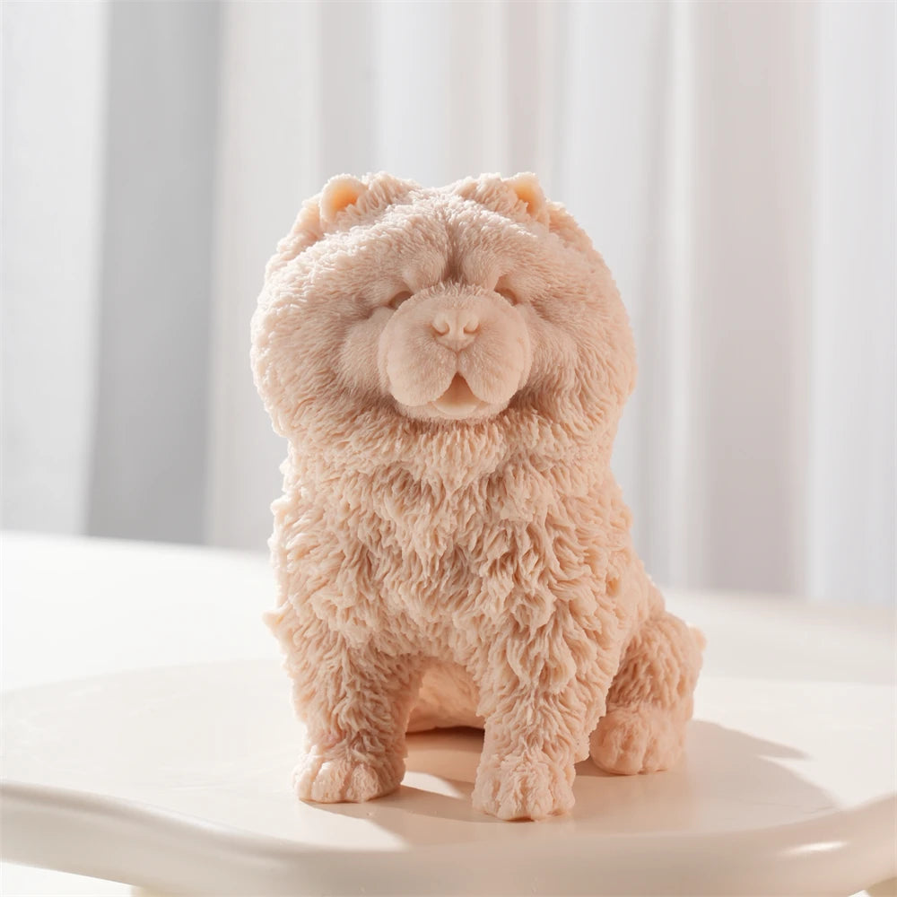 Single peach Chow Chow-style seated dog candle showing front fur detail