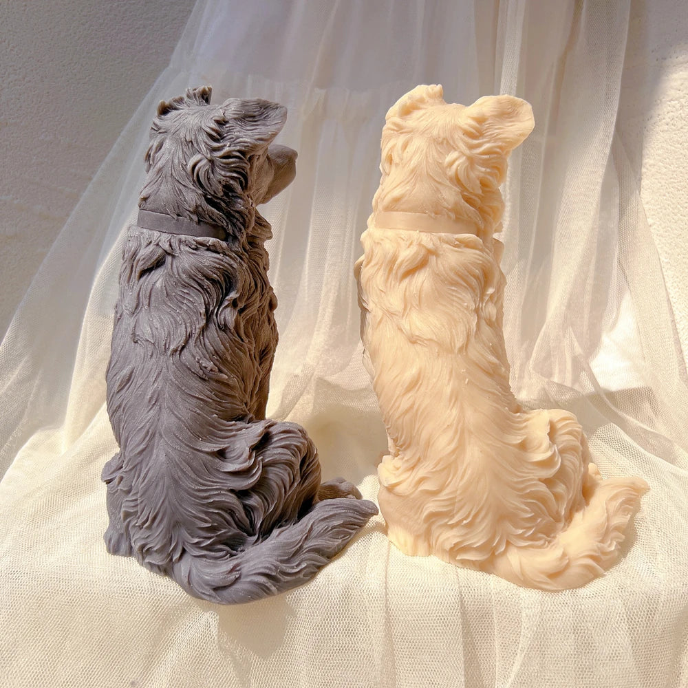 Side and rear views of the seated Collie figures