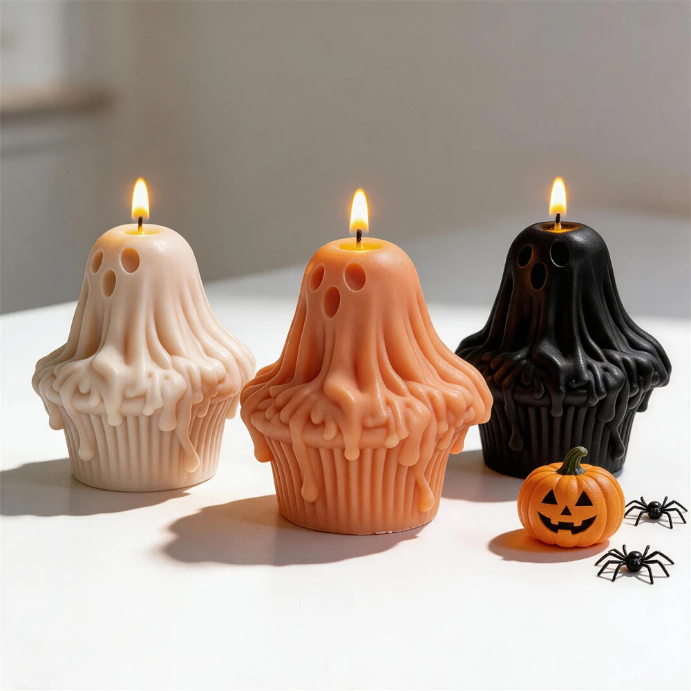 Ghost cupcake candle samples with Halloween pumpkin props