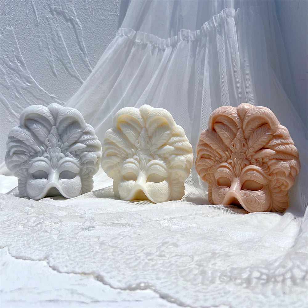 Masquerade mask casting examples in gray, cream and brown