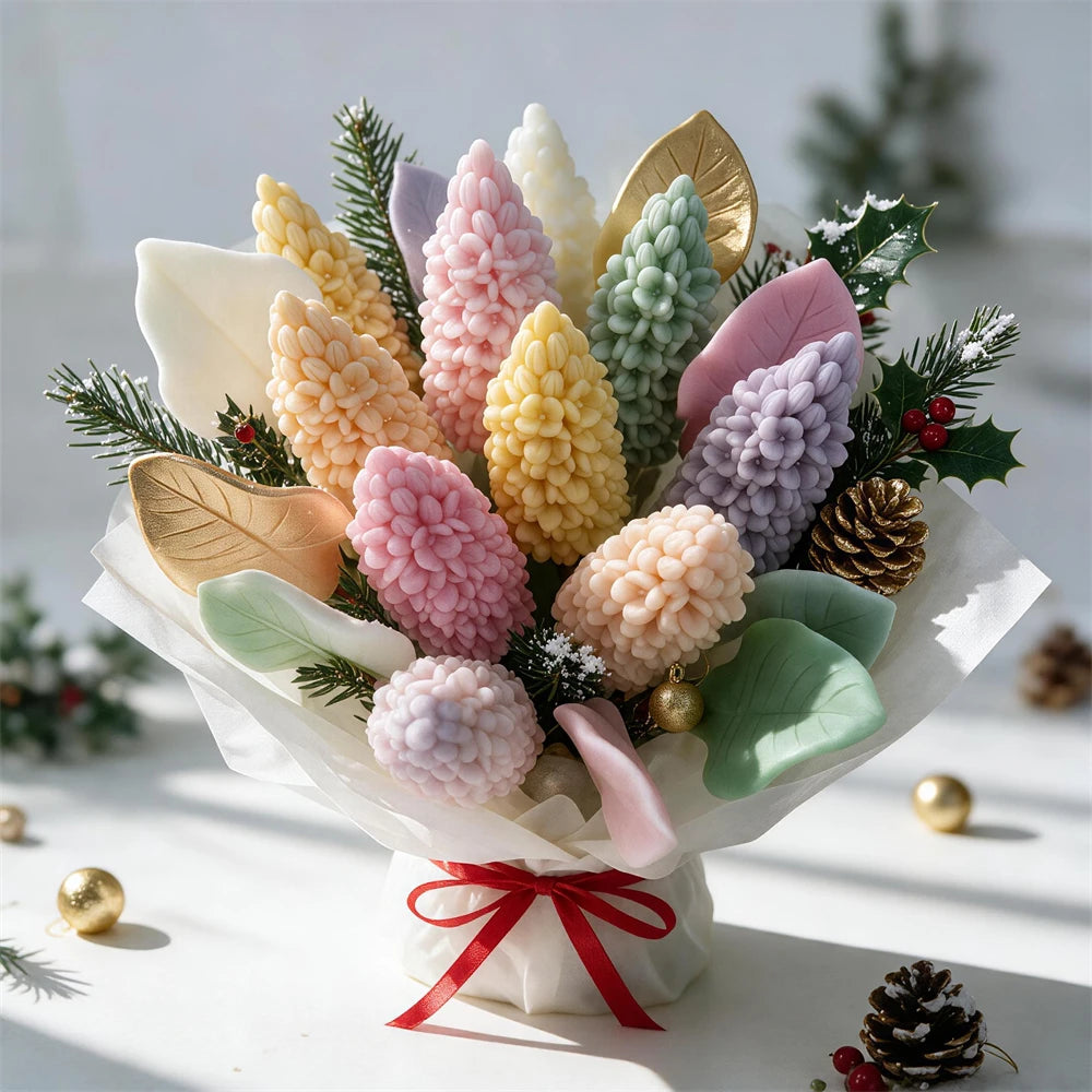 Handmade candle bouquet composed of pastel lilac flower spikes and leaves with festive greenery