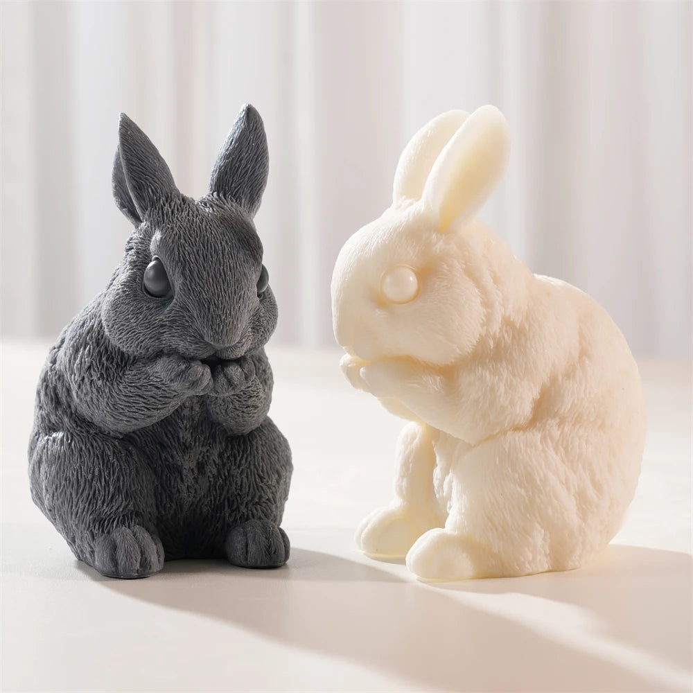 Side angle of upright-eared rabbits holding paws near their muzzles