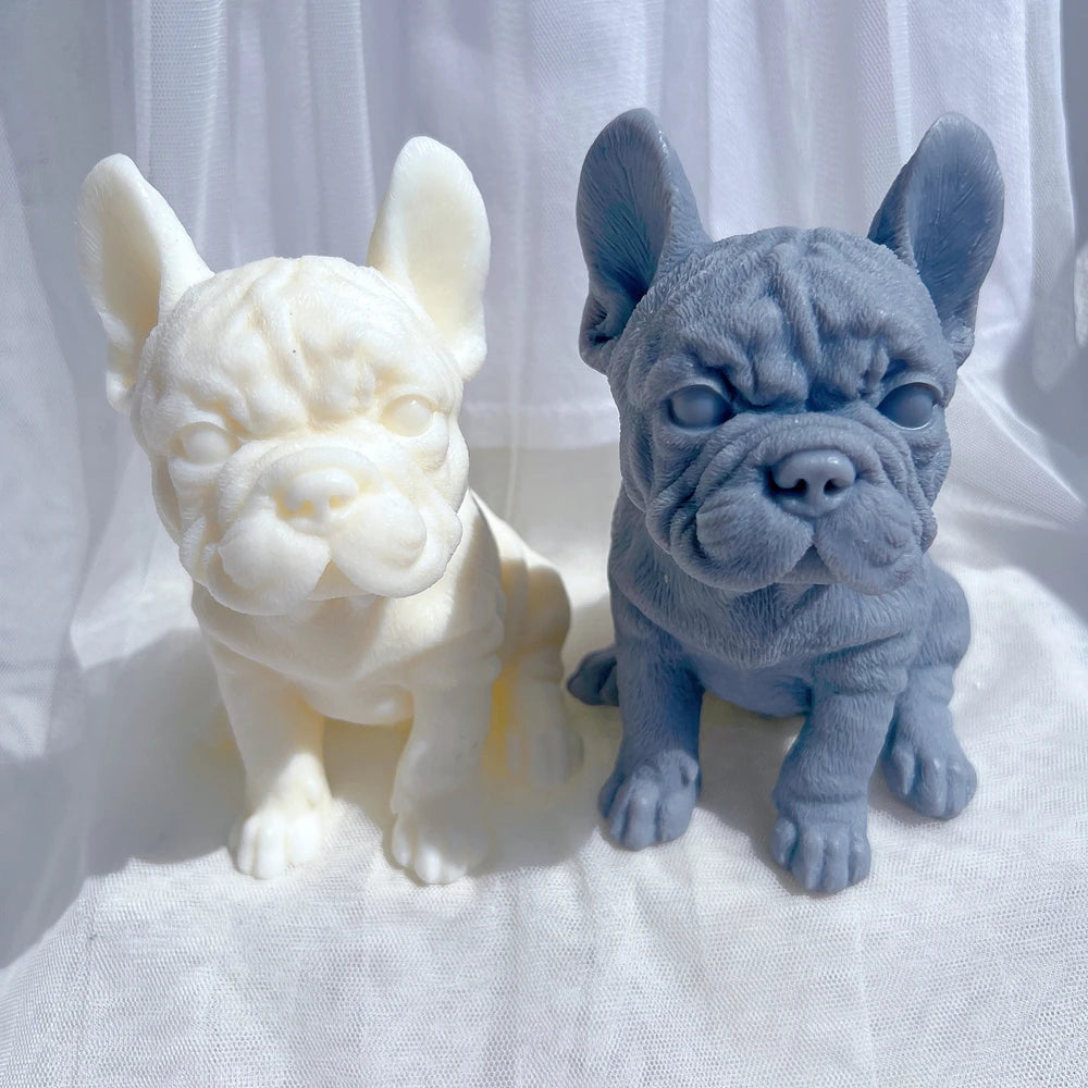 Front view of cream and gray wrinkled bulldogs