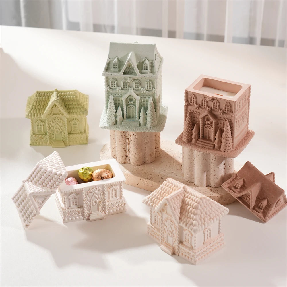Tall and short gingerbread house containers with removable roof lids