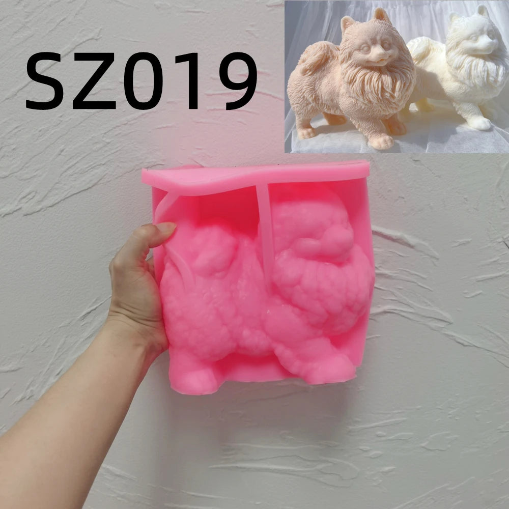 Pink standing Pomeranian silicone mold held in one hand