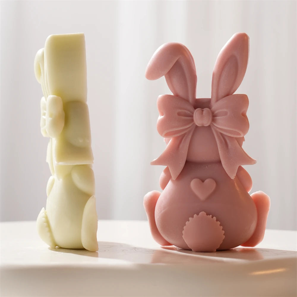 Side profile beside the decorated back-view bunny
