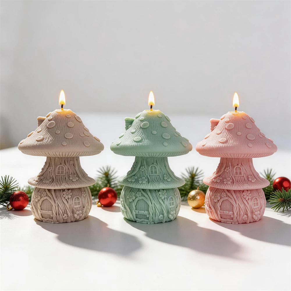 Two sculptural toadstool candles highlighting their ringed tiers
