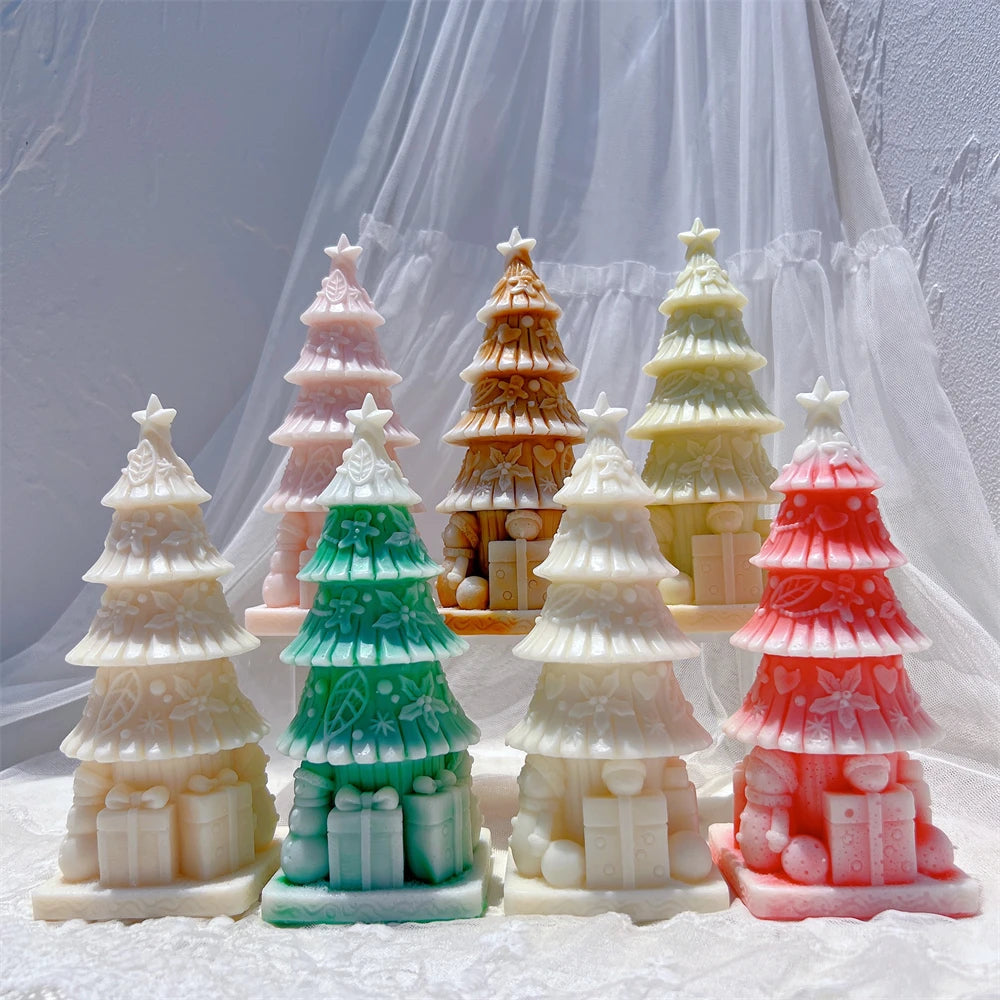 Tree candle examples with tiered branches and wrapped presents