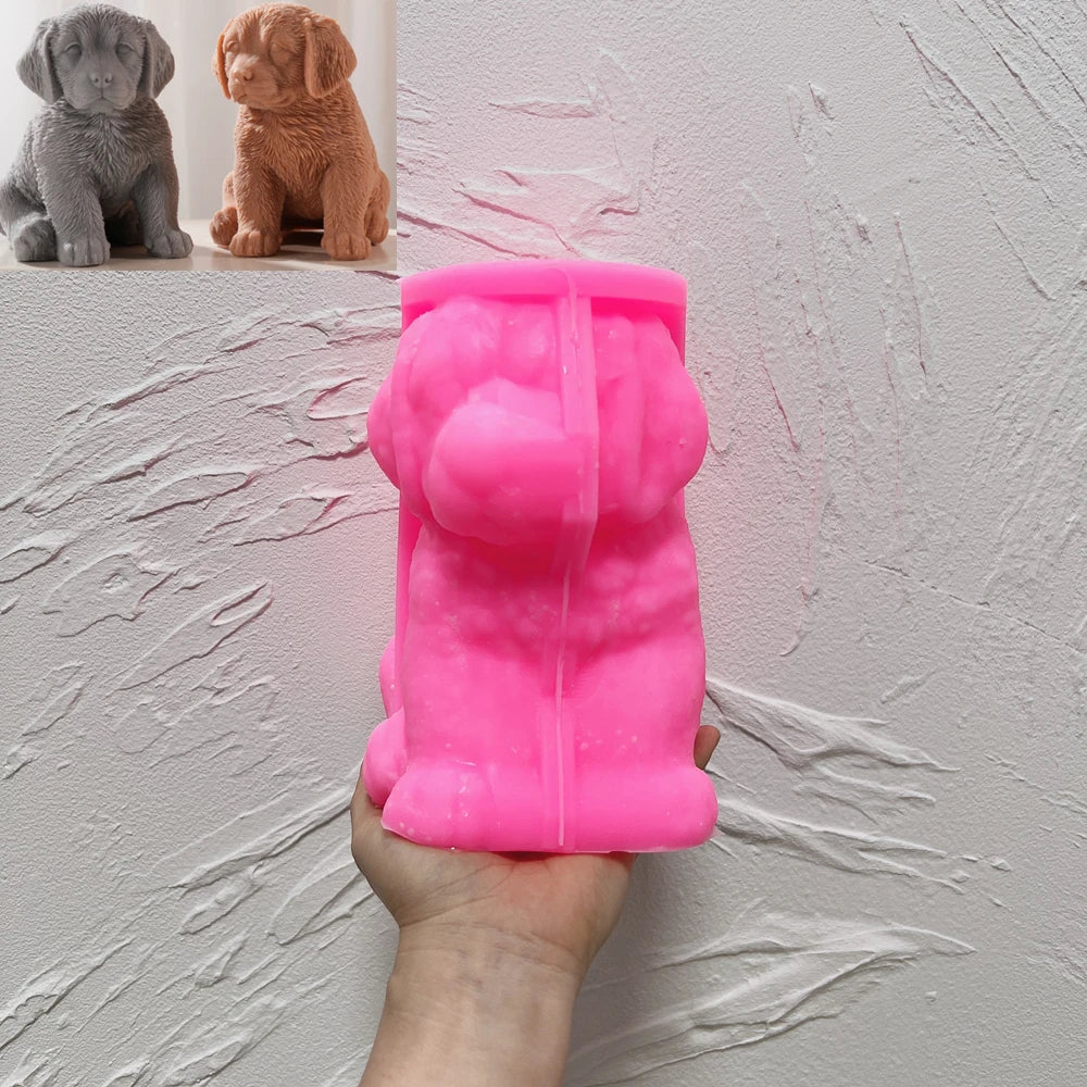 Pink silicone sitting puppy mold shown in hand with finished puppy examples