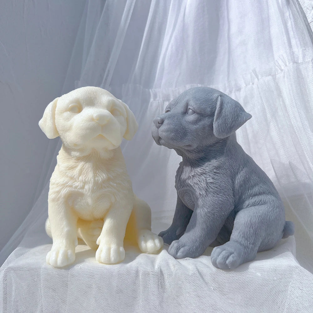 Cream and gray seated Labrador-style puppy castings
