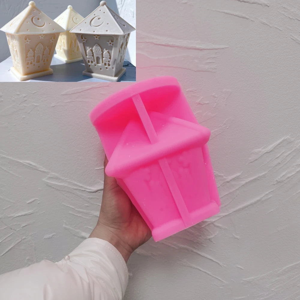 Pink silicone lantern-shaped mold with roof and body cavities