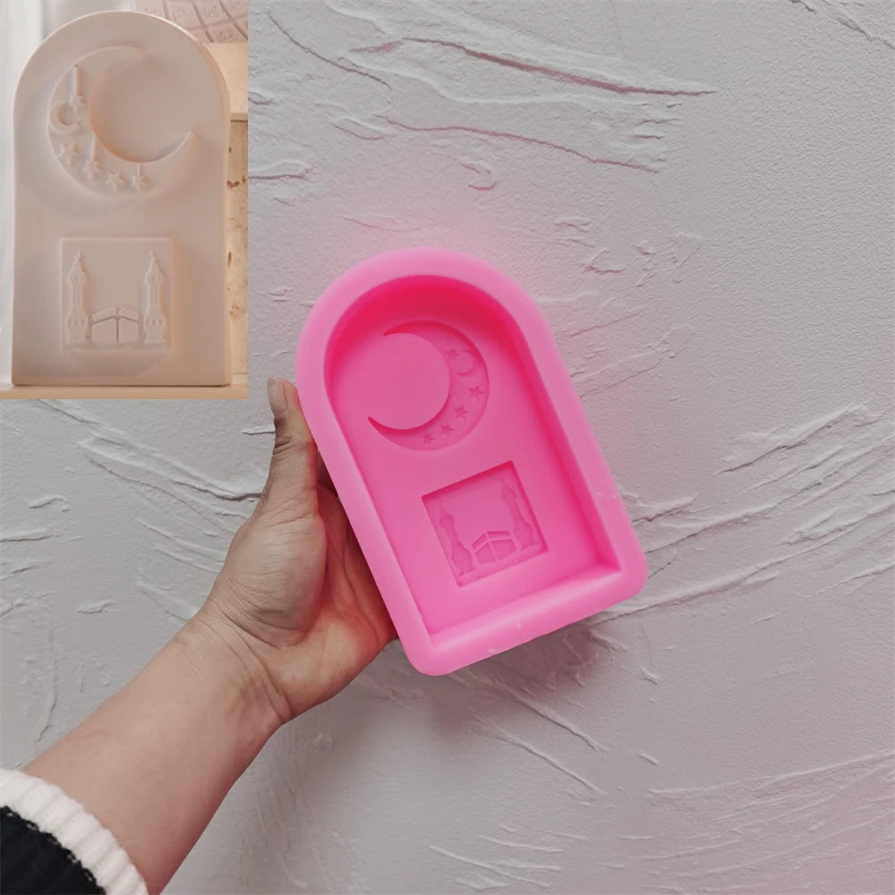 Pink silicone Moon Arch Plaque mold with crescent and architectural detail