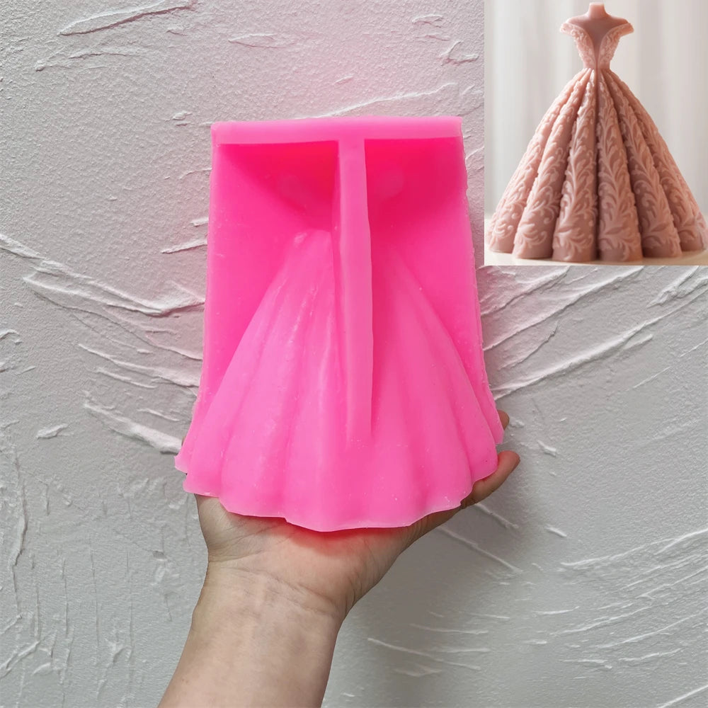 Pink SZ816 full-skirt gown silicone mold beside a finished casting