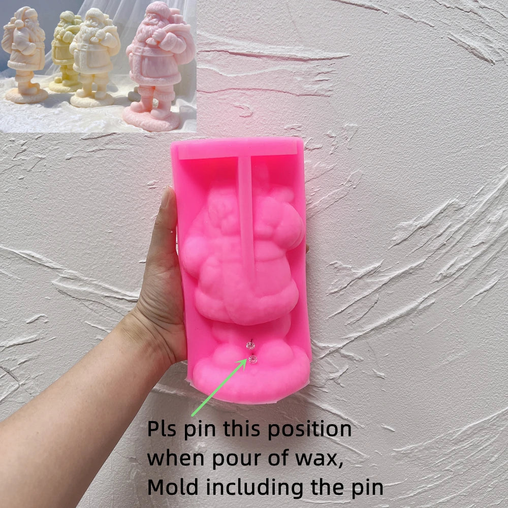 Pink silicone Santa figure mold with annotated location for a wick pin