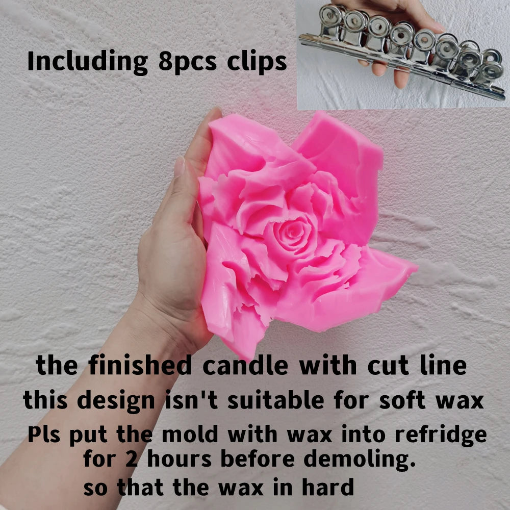 Split pink rose mold with eight included clips and firm-wax demolding guidance