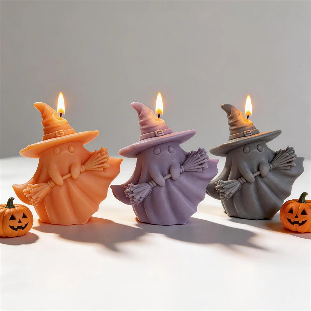 Side views of witch ghost candle showing broom and draped robe