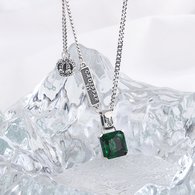 S925 Real Silver High-End Emerald Crown Ladies Necklace Retro Style Fashion Temperament Crown Clavicle Chain Female Obsesie