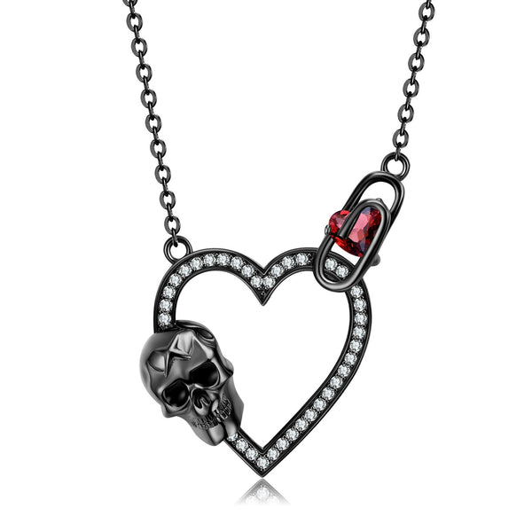 S925 Silver Plated Black Gold Zirconium Set Skull Heart Necklace Dark Retro Gothic Punk Obsesie