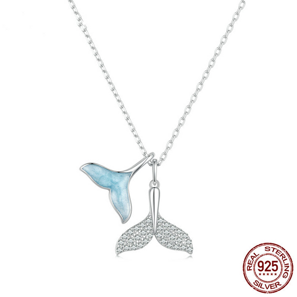 S925 Silver Whale Tail Pendant Necklace Sky Blue Double Fishtail Necklace Obsesie