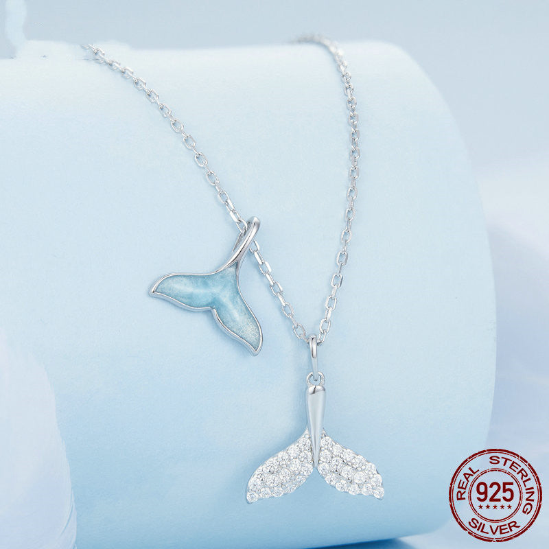 S925 Silver Whale Tail Pendant Necklace Sky Blue Double Fishtail Necklace Obsesie
