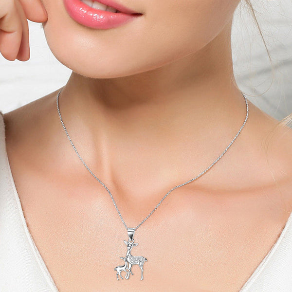 S925 Sterling Silver Baby Deer with her Mother Fawn Pendant Necklace Obsesie