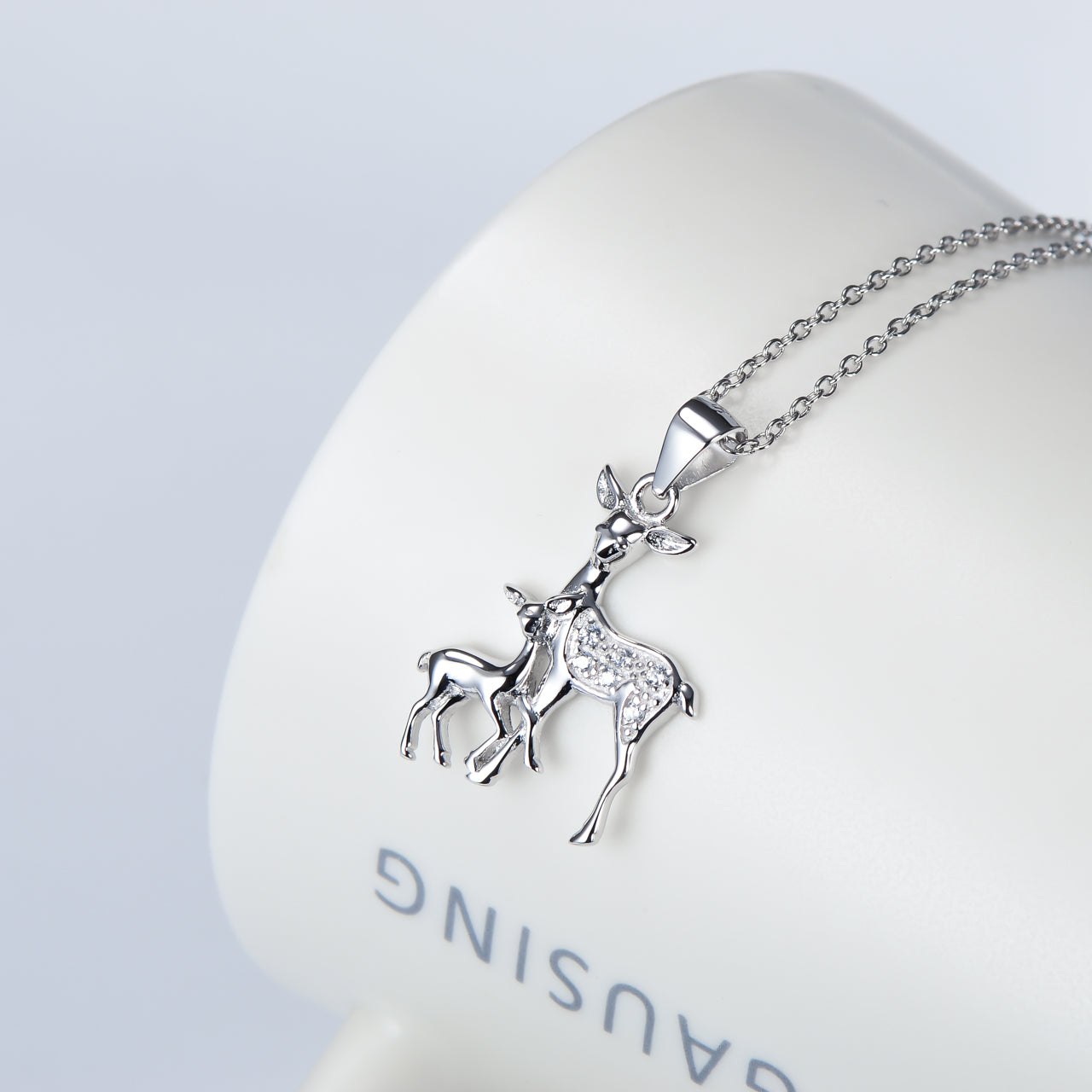 S925 Sterling Silver Baby Deer with her Mother Fawn Pendant Necklace Obsesie