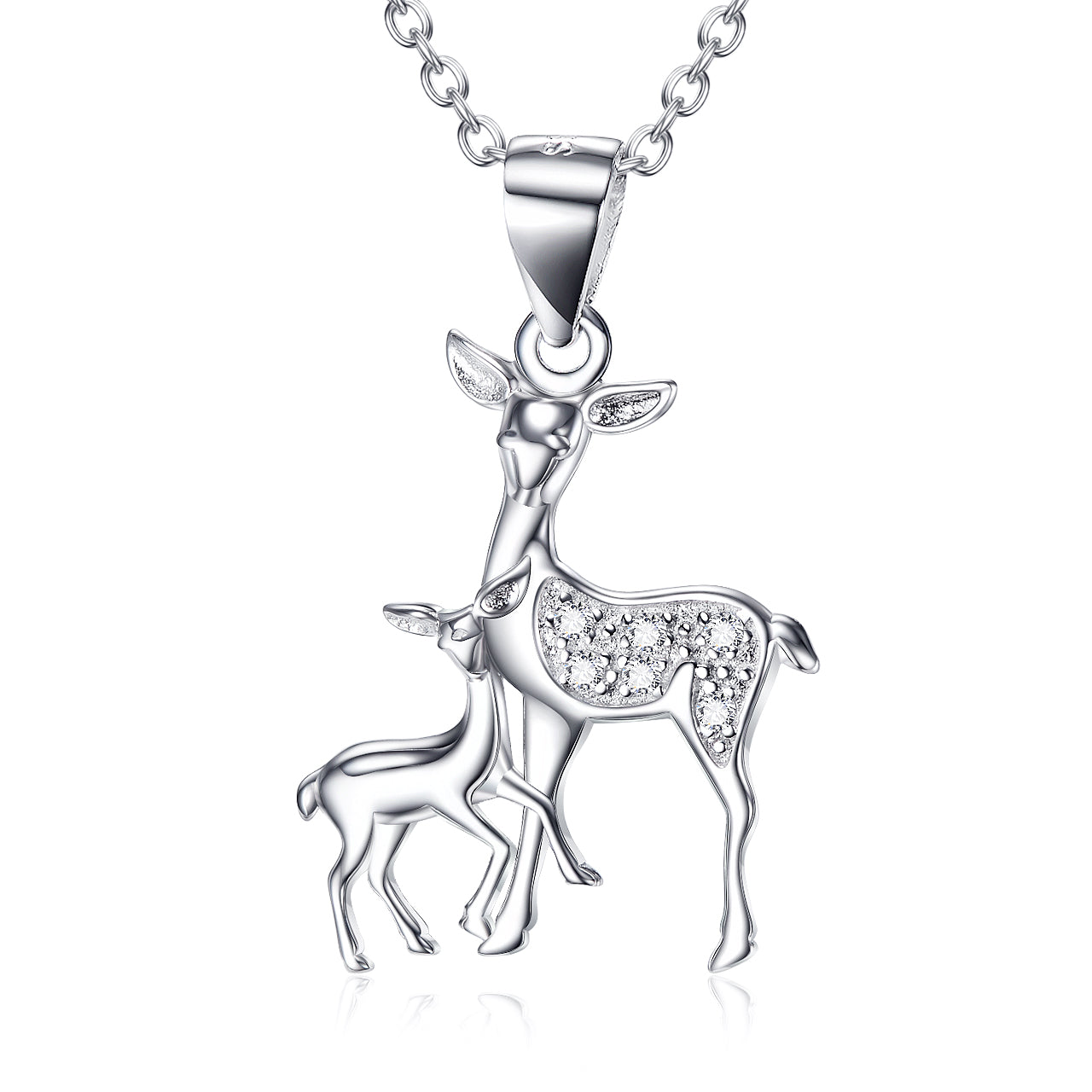 S925 Sterling Silver Baby Deer with her Mother Fawn Pendant Necklace Obsesie