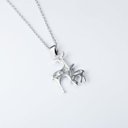 S925 Sterling Silver Baby Deer with her Mother Fawn Pendant Necklace Obsesie