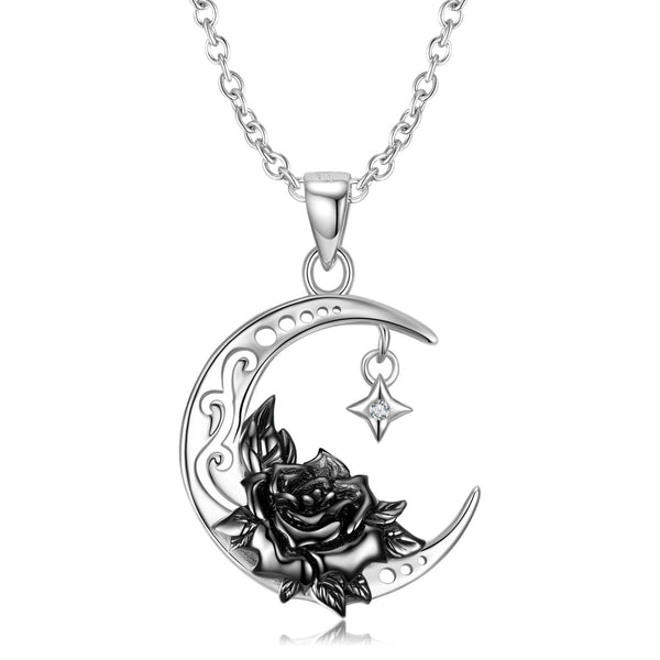 S925 Sterling Silver Black Water Lily And Crescent Necklace Obsesie